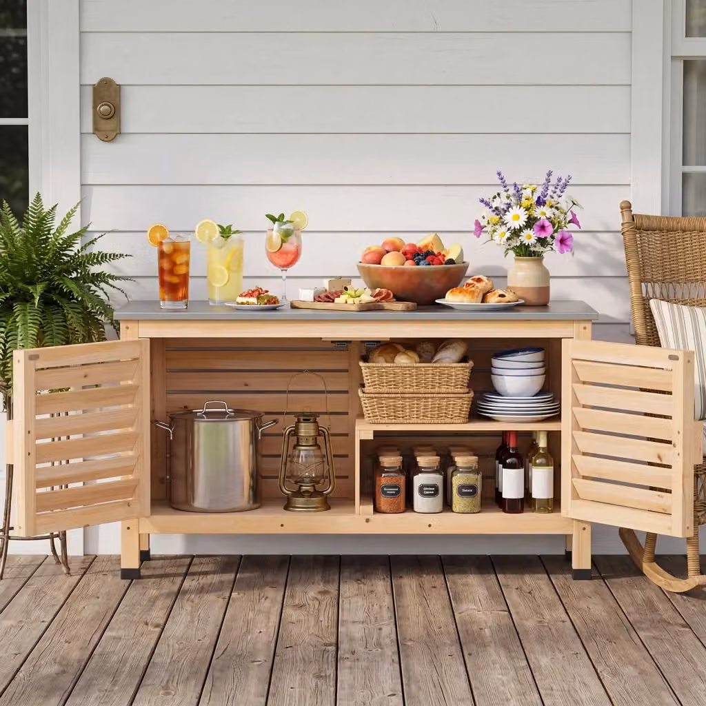 Armadietto da giardino in legno di abete con piano in acciaio inox e 2 ante a persiana, mobile contenitore per esterno e interno, L: 109 cm, P: 40,5 cm, H: 61,5 cm – 2