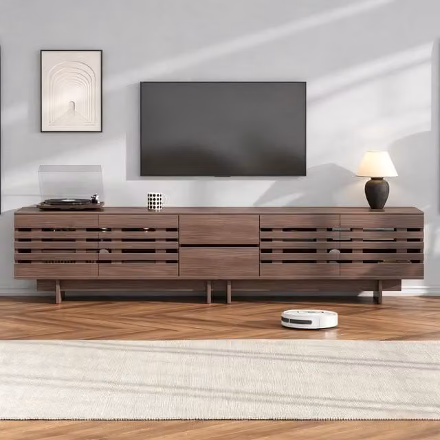 Mobile TV per schermi fino a 80 pollici ¨C Minimal ¨C colore noce, con 4 ante, 2 cassetti, 6 ripiani, 200x39.5x55cm per soggiorno camera