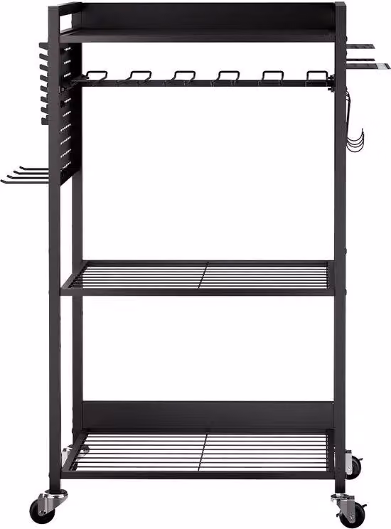 Carrello elettrico a 4 ripiani, con capacità di carico di 68 kg, dotato di supporti per utensili scorrevoli e di fissaggio stabile. Ideale per officine e garage, colore nero, dimensioni 560x350x970 mm