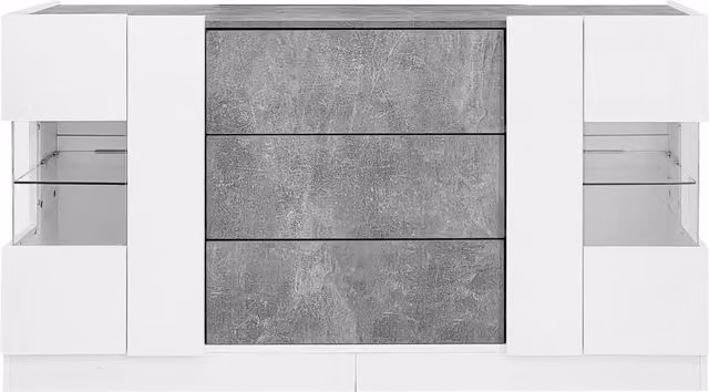 Credenza Moderna Aosom con Illuminazione LED, Cassetti e Frontali Lucidi Effetto Marmo, Bianco e Grigio, L 140 x P 35 x H 75 cm – 1