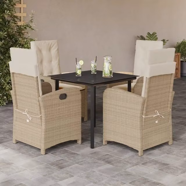 Set da pranzo da giardino vidaXL in polyrattan con cuscini beige e tavolo in vetro per esterno – 1