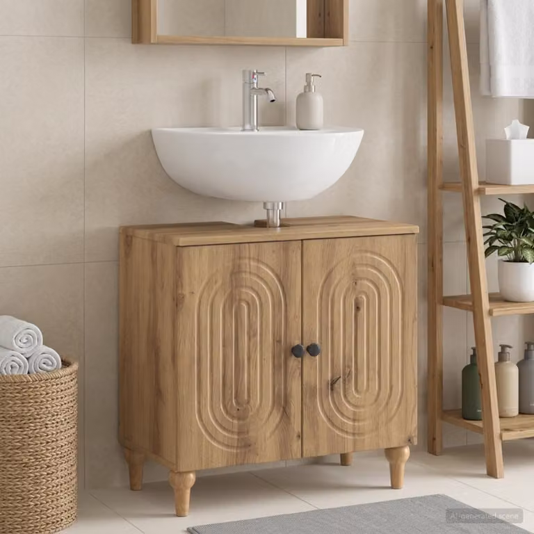 Armadio per lavabo da bagno moderno vidaXL ALKMAAR in rovere e metallo, L: 59,5 cm, P: 31,5 cm, H: 59,0 cm