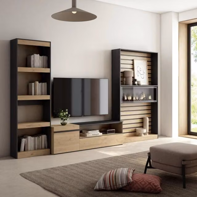 Mobile TV per soggiorno SKRAUT HOME con camino elettrico, colore Rovere e nero, L: 320 cm, P: 35 cm, H: 186 cm