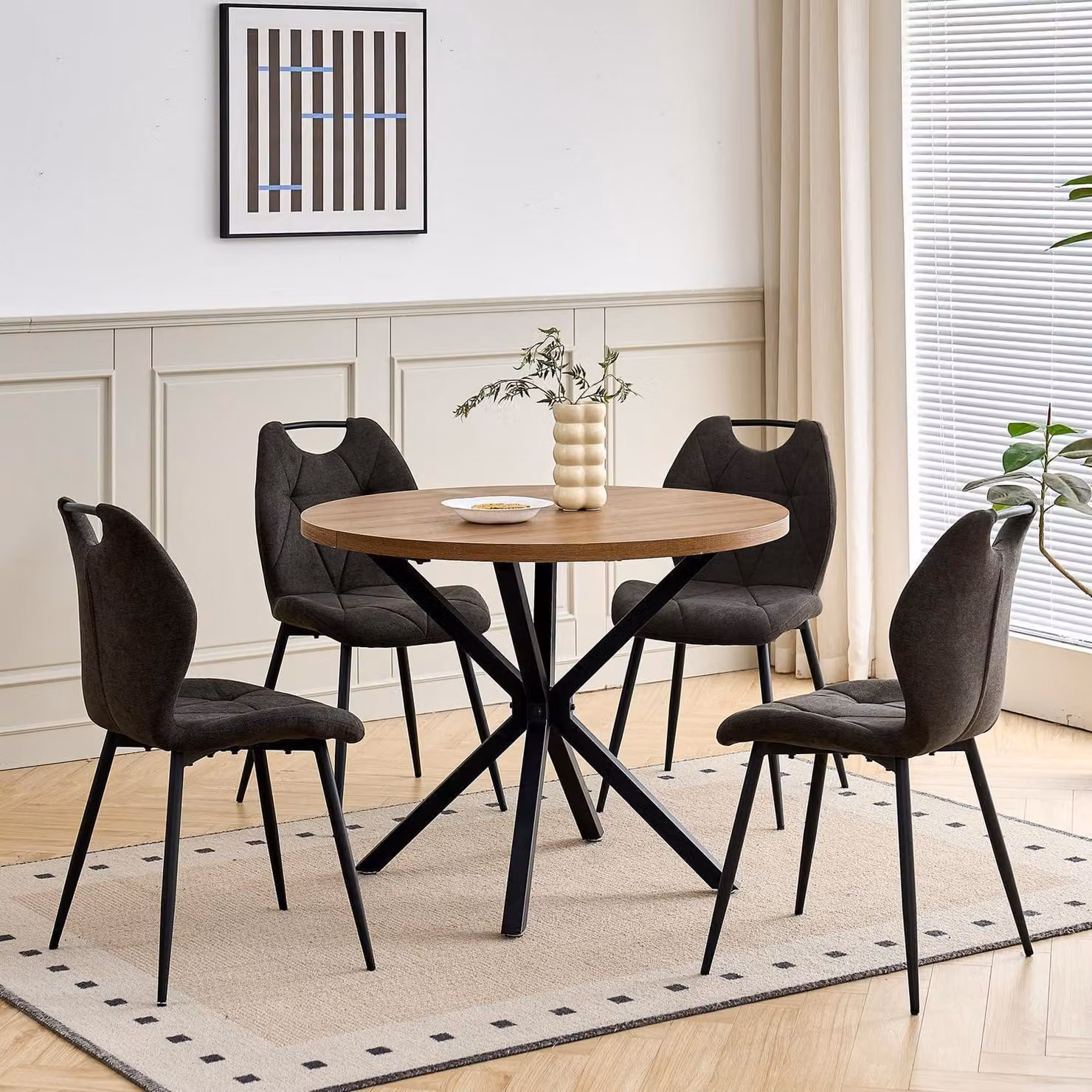Set da pranzo con tavolo rotondo da 100 cm e 4 sedie imbottite, stile nordico, colore scuro/nero