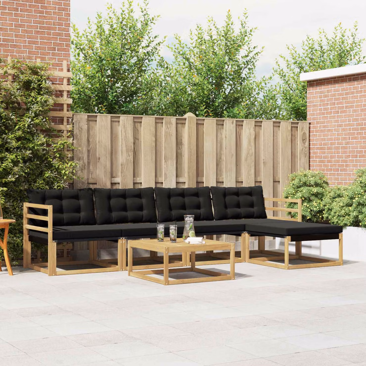 Set di divani da esterno vidaXL 6 pz in legno di acacia con tavolino e pouf, Bianco e Nero