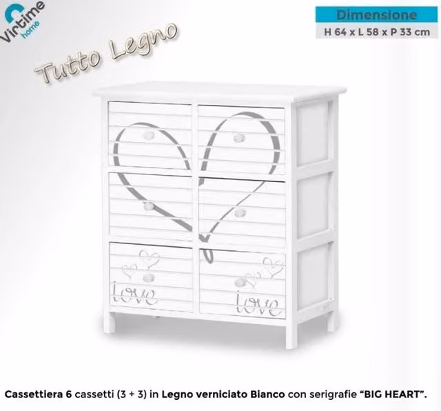 Cassettiera Big Heart in legno bianco con 6 cassetti stile shabby chic L: 58 cm, P: 33 cm, H: 64 cm