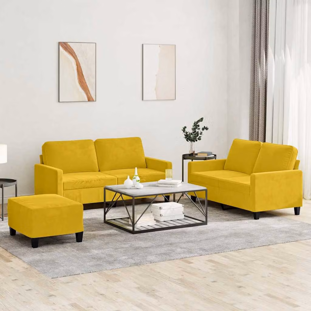 Set di divani 3 pezzi vidaXL in velluto giallo con cuscini per soggiorno in stile moderno