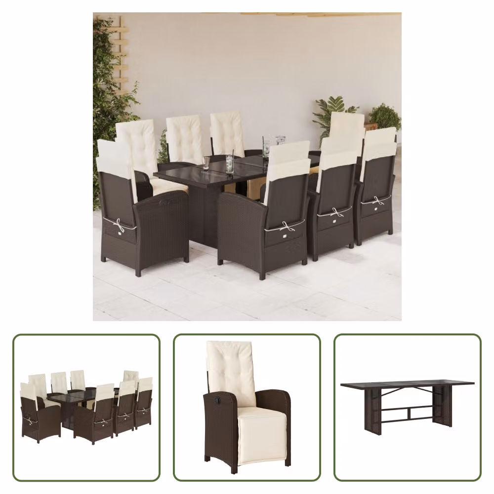 The Living Store Set da pranzo da giardino 9 pezzi con cuscini in polirattan marrone