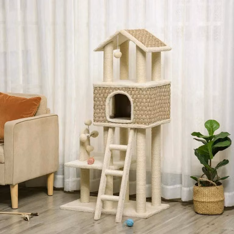 Albero per gatti con casetta | Colore: kaki, beige e marrone caffè | Dimensioni: 40x69x131 cm