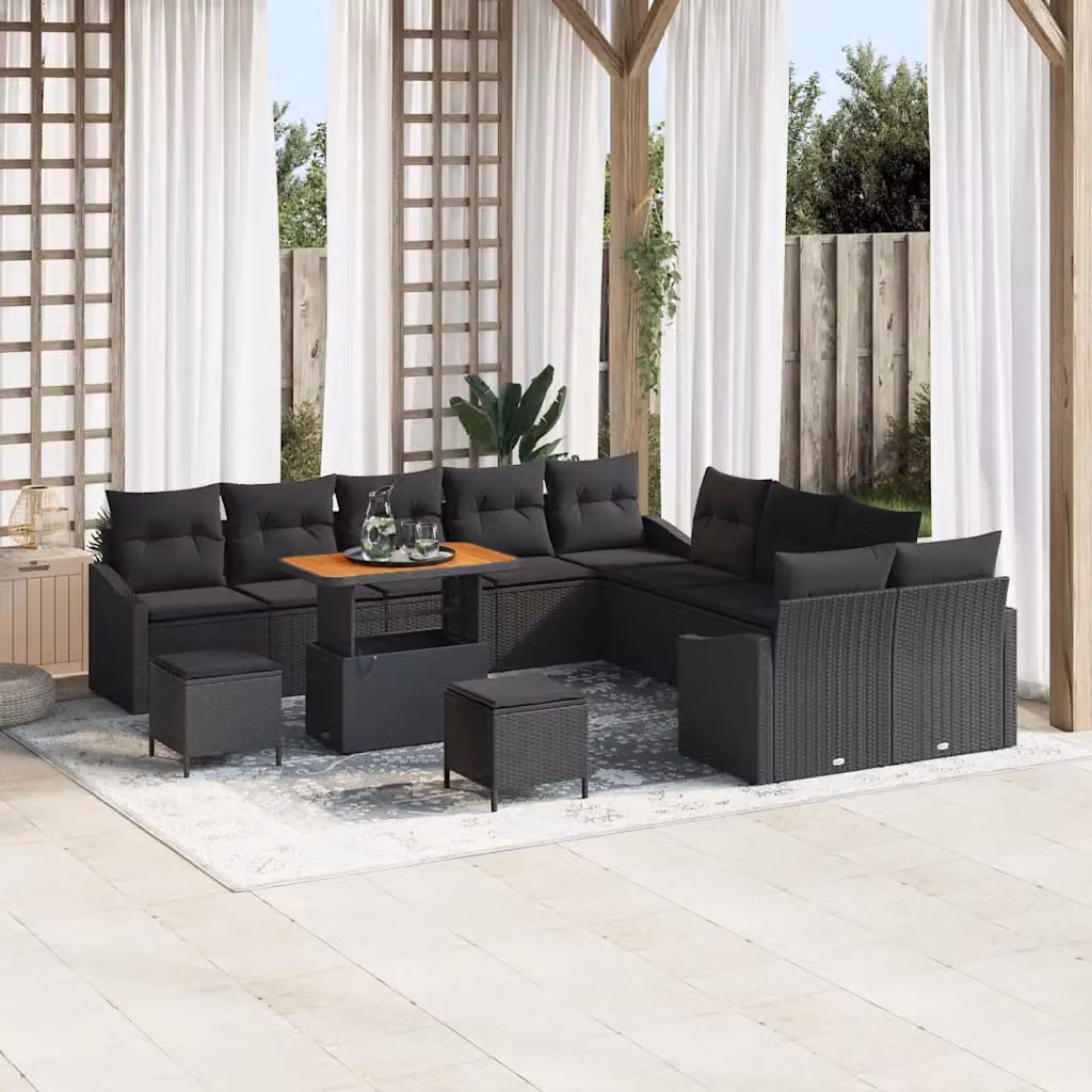 vidaXL Set Divano da Giardino a Forma di U in Polyrattan Nero con Cuscini e Tavolino da 13 Pezzi – 1