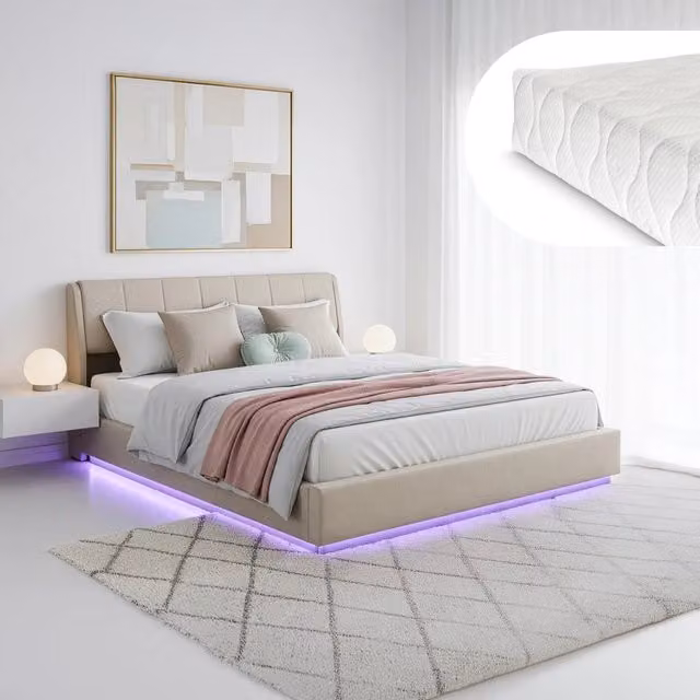 Letto Matrimoniale King Size Contenitore Tröstiar con Materasso e Luce LED en.casa, Effetto Lino Beige, L/P: 180 x 200 cm