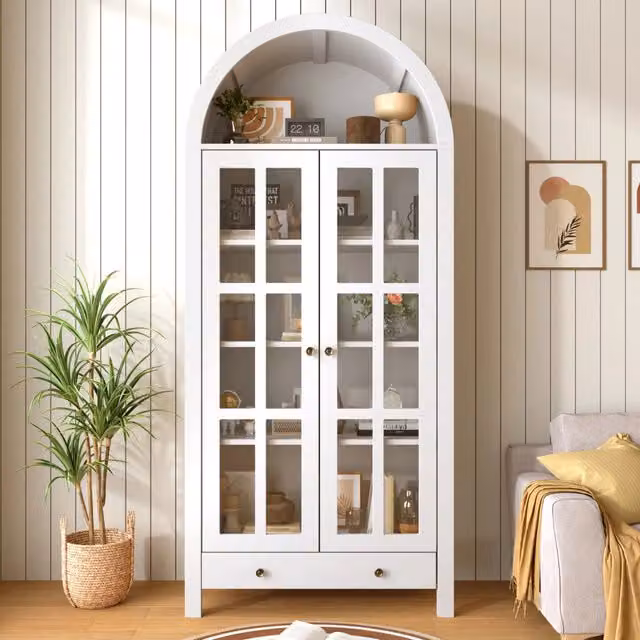Vetrina moderna ad arco 75 x 35 x 170;5 cm con ripiani e cassetto; MDF; bianca
