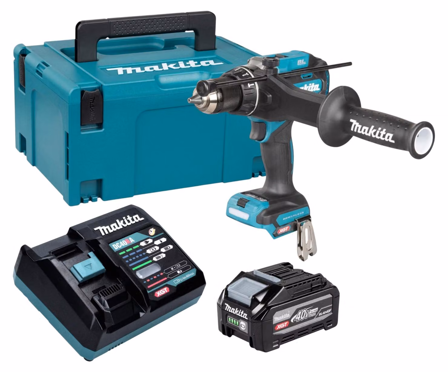 Trapano avvitatore a percussione a batteria Makita HP 003 GU101 40 V max. 180 Nm Brushless + 1 batteria da 4,0 Ah + caricabatterie + valigetta Makpac