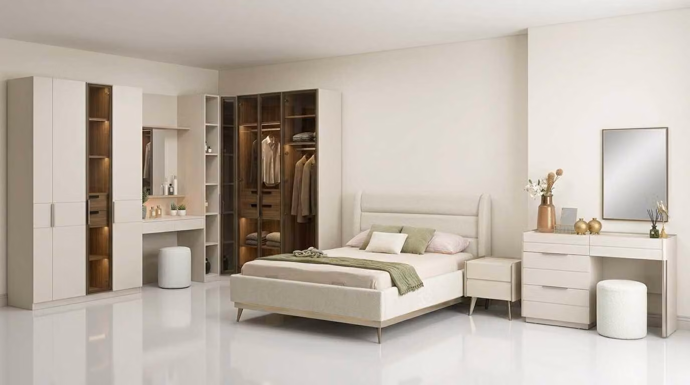 Set moderno per camera da letto: letto beige, comò, specchiera e armadio dal design elegante