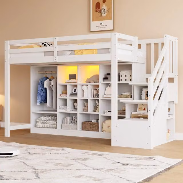 Letto mezzanino bianco 90 x 200 cm; armadietti; armadio; LED; scala laterale con ripostiglienza e struttura letto integrata