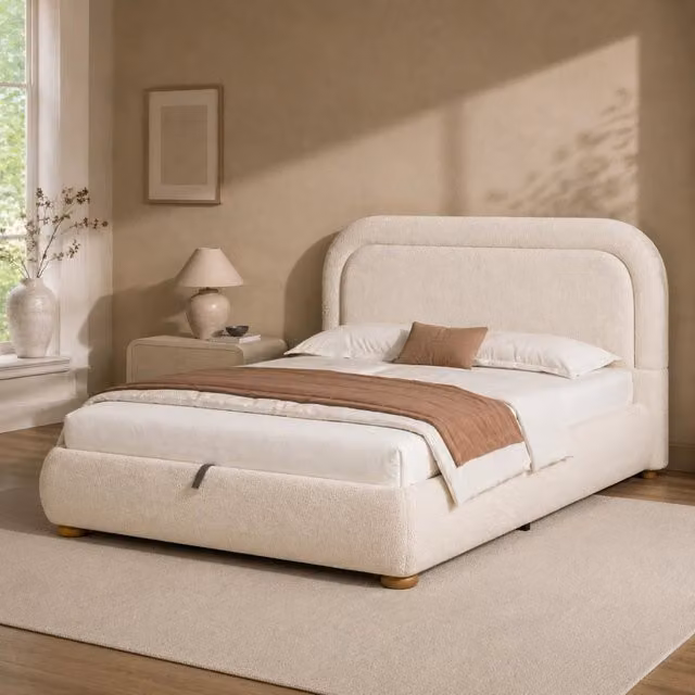 Letto contenitore 140x200 in bouclé beige con rete a doghe inclusa e sollevamento idraulico