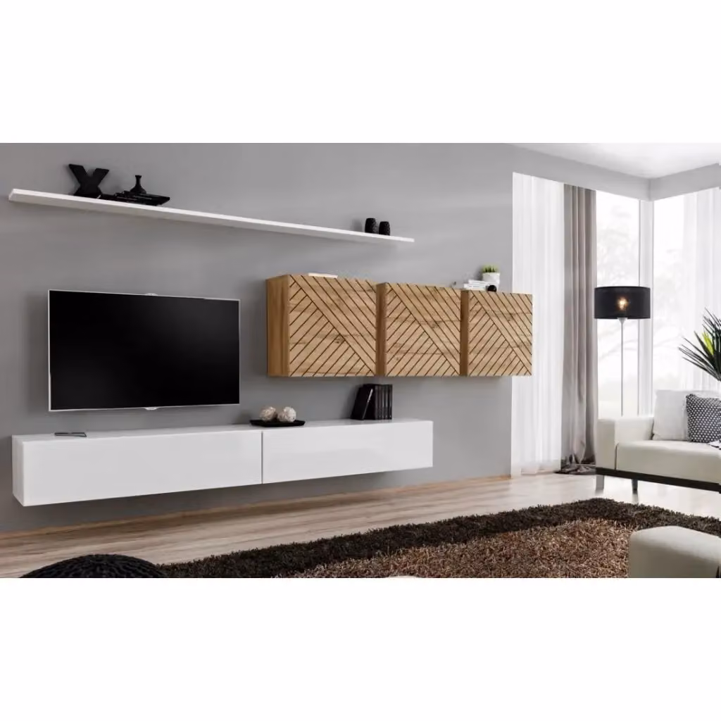 Set di mobili da soggiorno design collezione SWITCH VII Meublorama, bianco e rovere con finiture fresate, L: 340 cm, P: 40 cm, H: 150 cm – 2