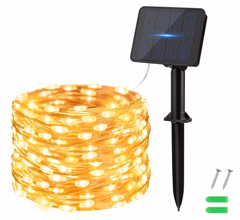 Catena luminosa a LED solare, 50 LED, 5 metri, luce bianco caldo, grado di protezione IP65