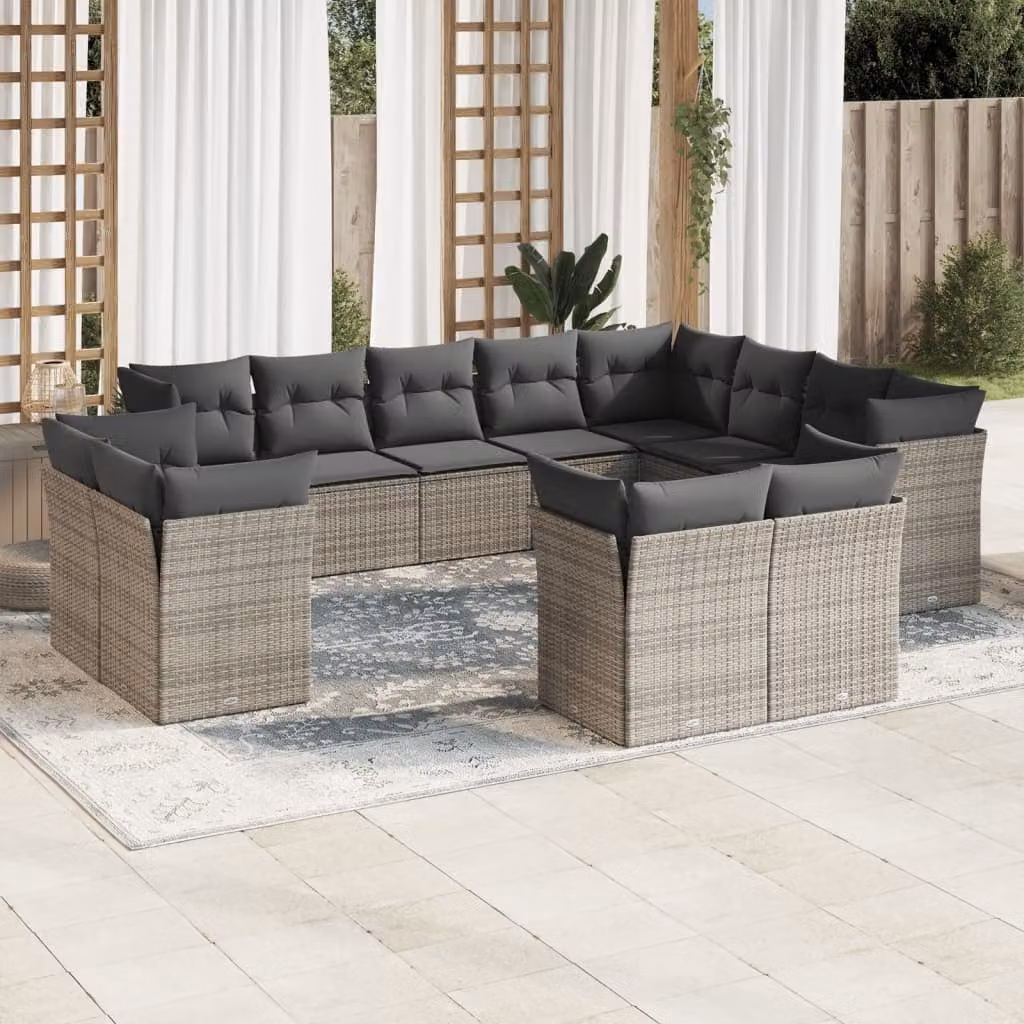 Set di divani da giardino vidaXL a forma di U composto da 12 pezzi in polyrattan grigio con cuscini inclusi