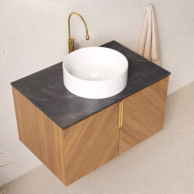 Mobile bagno sospeso in legno effetto rovere con lavabo rotondo in ceramica bianca
