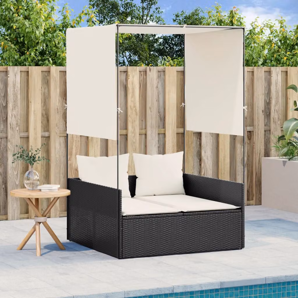 Lettino prendisole vidaXL in polyrattan nero con tetto parasole e tende per giardino