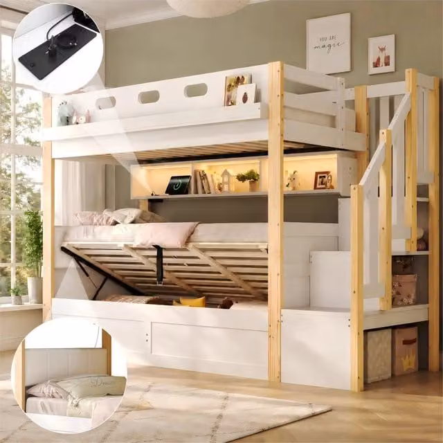 Letto a castello con letto inferiore idraulico e LED, 90x200+90x200 cm, bianco/naturale