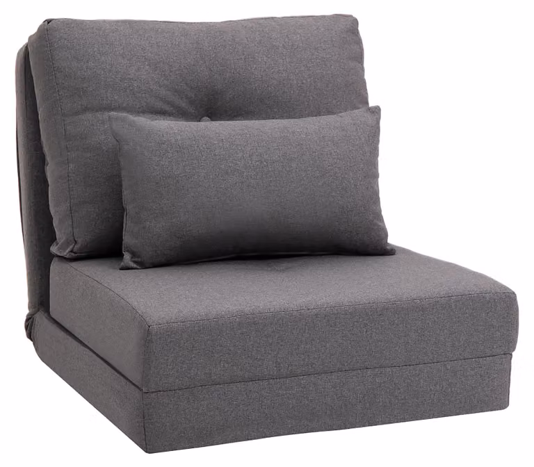 Divano da terra Moonbite 2-in-1, trasformabile in letto pieghevole, con schienale regolabile in 5 posizioni (105°–180°), 2 cuscini decorativi, imbottitura in schiuma, struttura in metallo, riponibile in verticale, rivestito in lino, colore grigio scuro