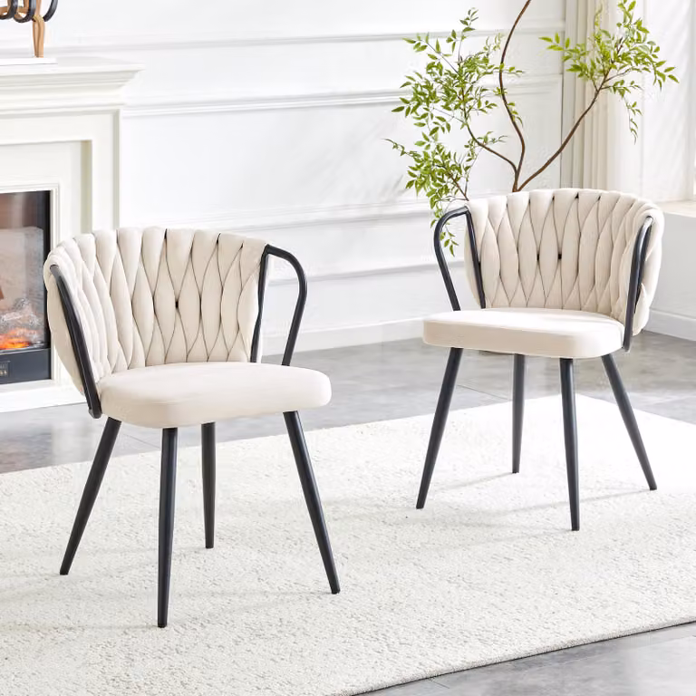Sedia da pranzo MODFU con schienale intrecciato, poltrona imbottita in velluto, sedia da cucina con quattro gambe in metallo nero opaco dotate di piedini in gomma antiscivolo, beige