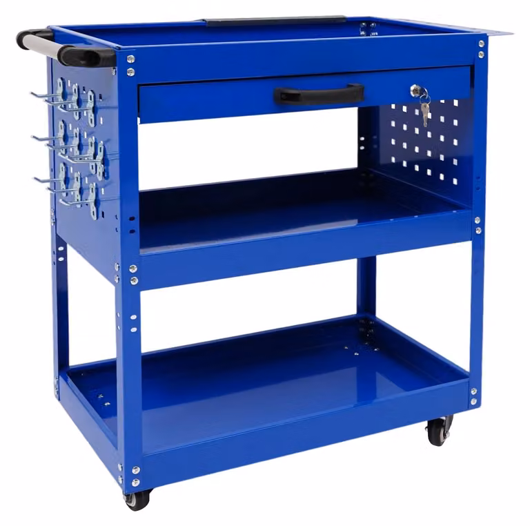 Carrello portattrezzi su ruote - Carrello da officina a 3 ripiani - Capacità di carico: 250 kg - 4 ruote piroettanti - Carrello portattrezzi mobile - Colore: blu