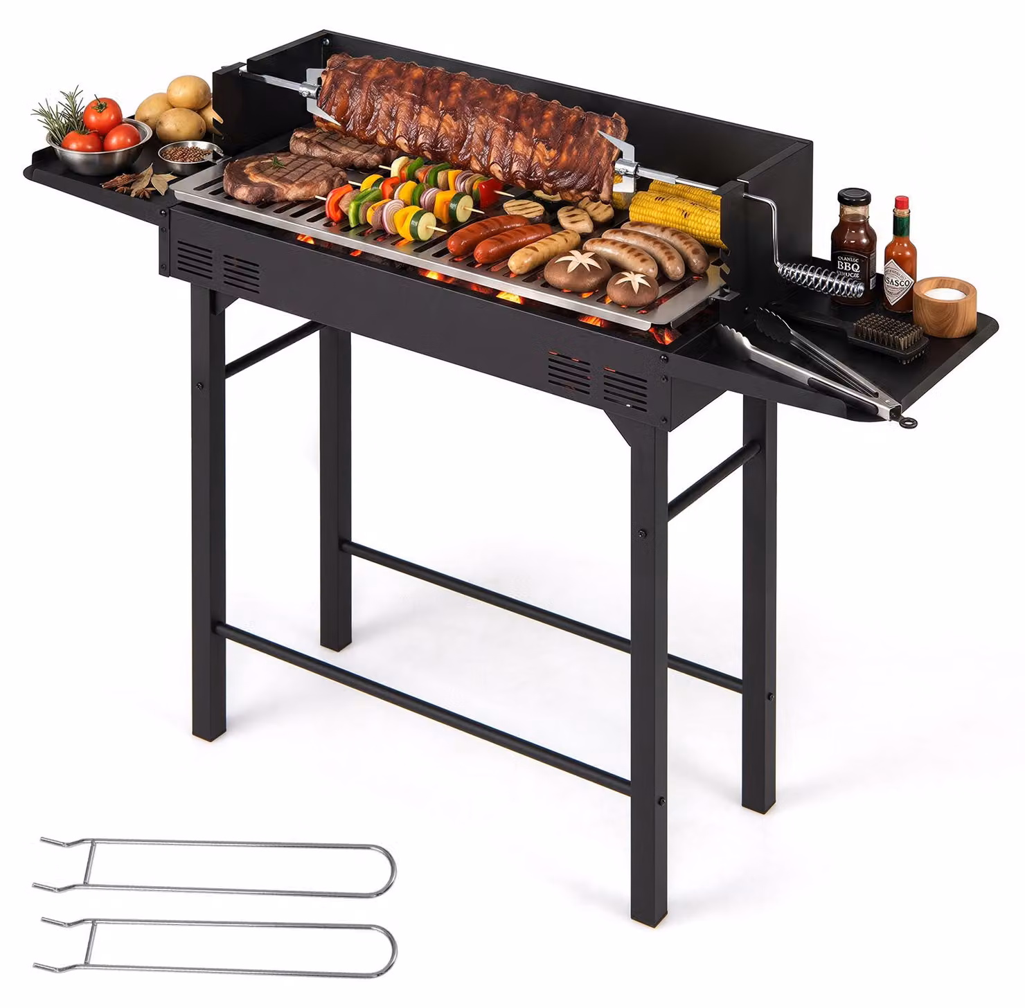 Barbecue a carbone COSTWAY, ideale per campeggio, con griglia regolabile in altezza, superficie di cottura di 73x34 cm, 2 ripiani, spiedo rotante e 2 sollevatori per la griglia. Carrello per barbecue da esterno