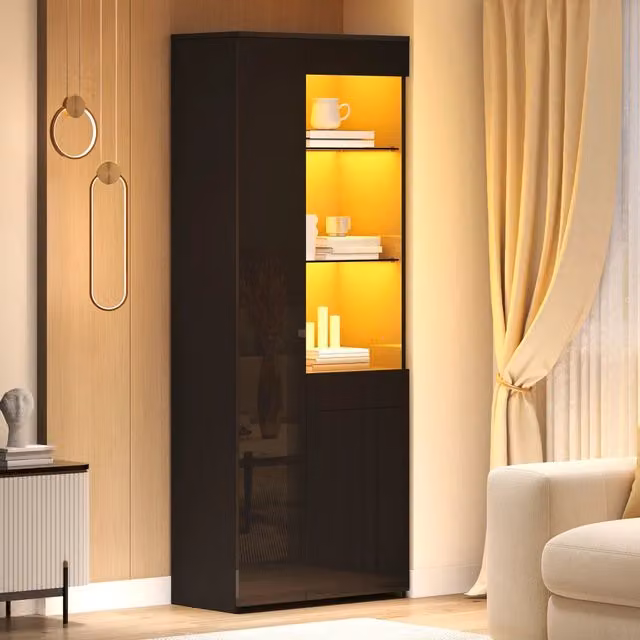 Vetrina OKWISH moderna per soggiorno in MDF nero lucido con illuminazione LED integrata, 2 ante, 1 cassetto e vani aperti, L: 70 cm, P: 35 cm, H: 180 cm