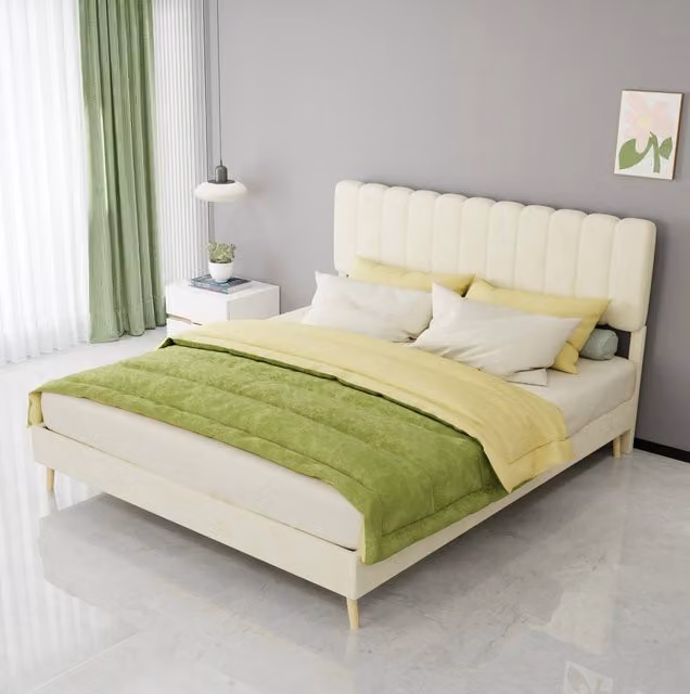 Letto imbottito 160x200 cm in tessuto e metallo, beige