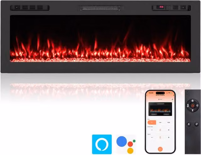 Caminetto elettrico smart WiFi con 12 colori per la fiamma, Riscaldatore da 750W/1500W con telecomando/App-Caminetto elettrico