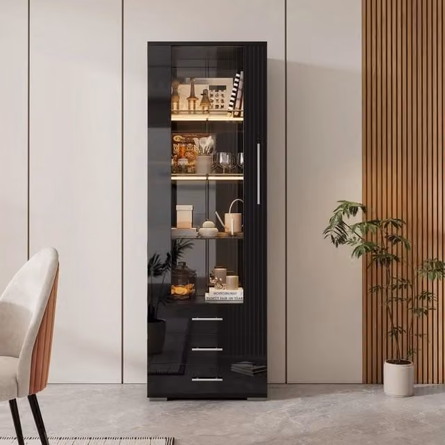 Vetrina con LED ¨C MINIMAL ¨C Nero Lucido, 3 Cassetti, 60x35x180 cm
