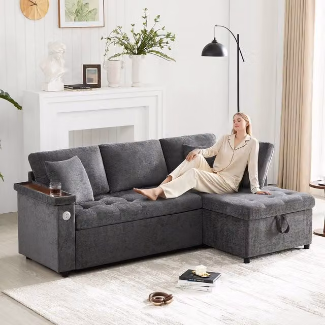 Divano letto estraibile con contenitore ¨C Minimal ¨C grigio tessuto con cuscini e ricarica USB