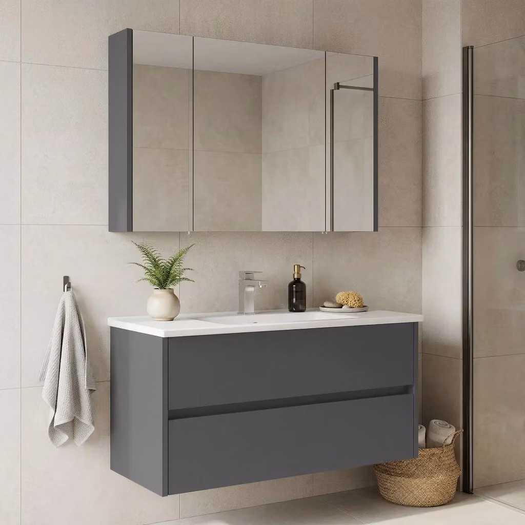Set mobile lavabo con specchio Arno 100 Hanah Home, colore grigio lucido, L 100 x P 45 x H 52 cm – 2