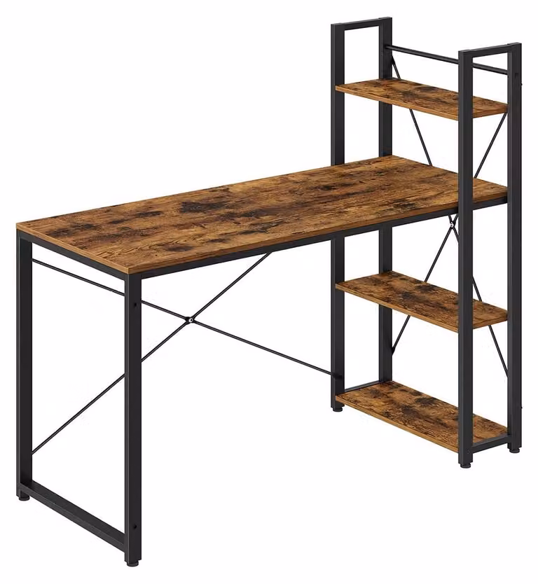 Scrivania per computer con ripiani – Stile vintage, colore marrone e nero – Materiali: pannello di particelle di legno, acciaio – Dimensioni: 56 x 137 x 120 cm