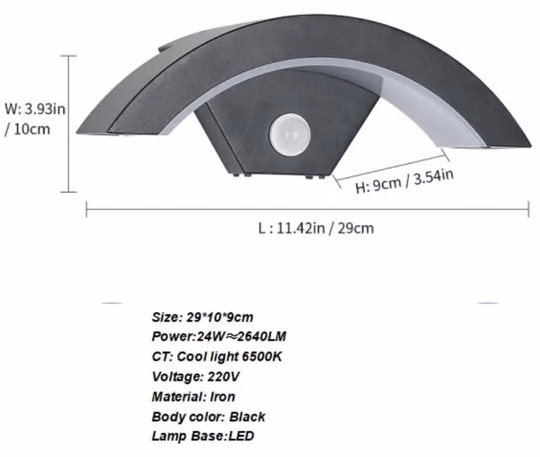 Lampada da parete esterna a LED - Modello A3304 - 24 W - Luce bianco caldo 3000 K - Colore nero - Montaggio a parete - Non dimmerabile
