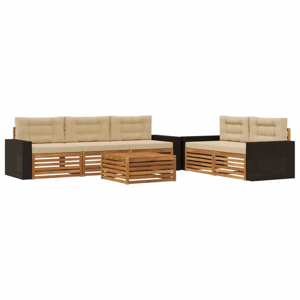 Set di divani da esterno vidaXL a forma di L con tavolo da caffè, in legno di acacia e tessuto beige, composto da 6 pezzi – 2