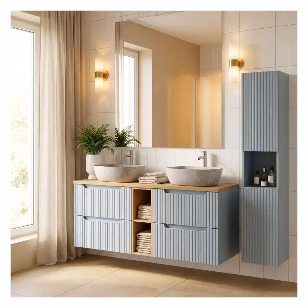 Set mobile bagno Meublorama VANO blu denim e quercia chiara con lavabi grigi, mobile sottolavabo con cassetti e nicchie e colonna, L: 140 cm, P: 40 cm, H: 170 cm – 2
