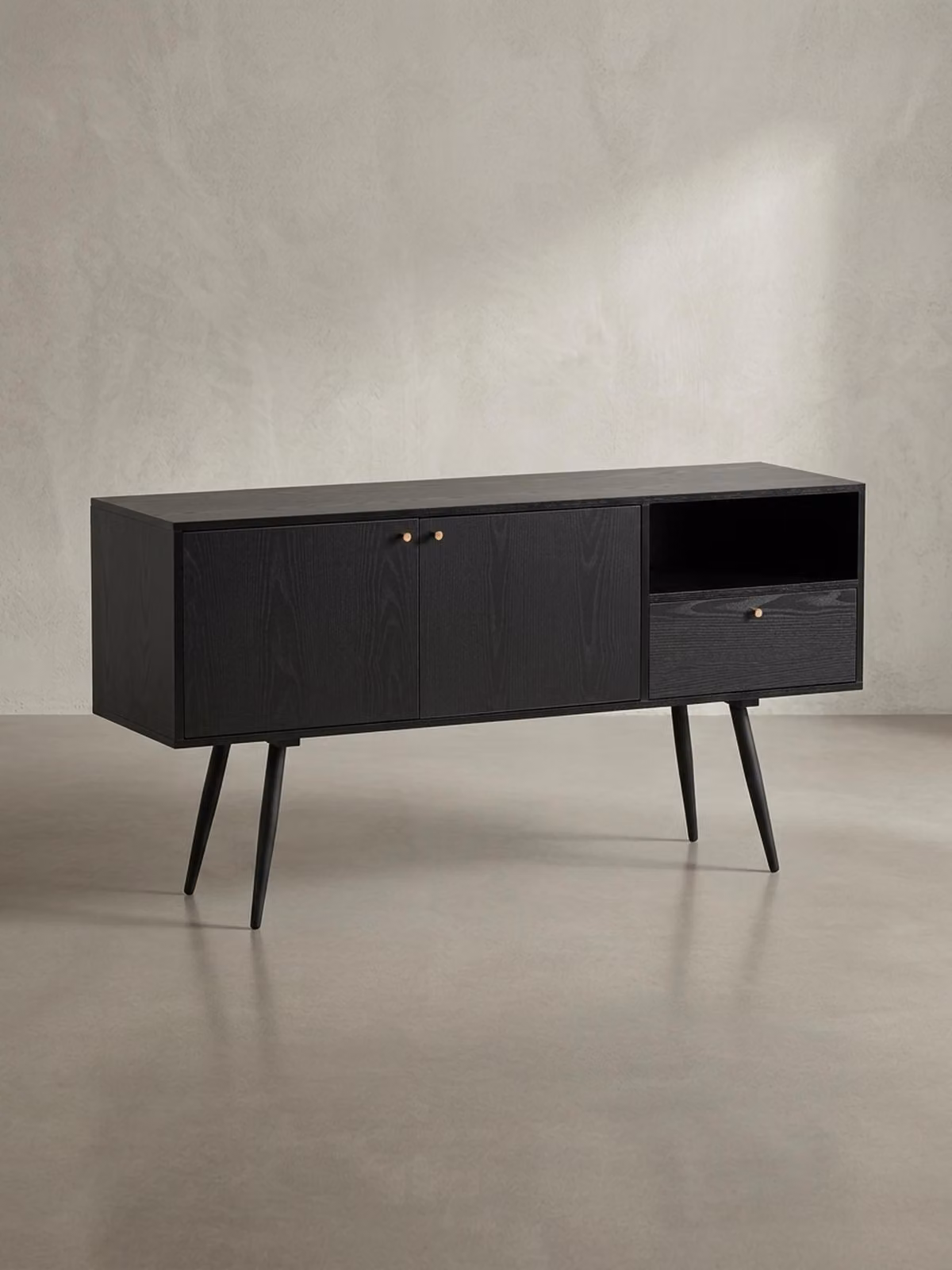 Credenza 140x75x40 cm Comò nero con decorazione in rovere senza tempo, comò alto, mobile da soggiorno con 2 ante e cassetto, credenza con ripiano aperto