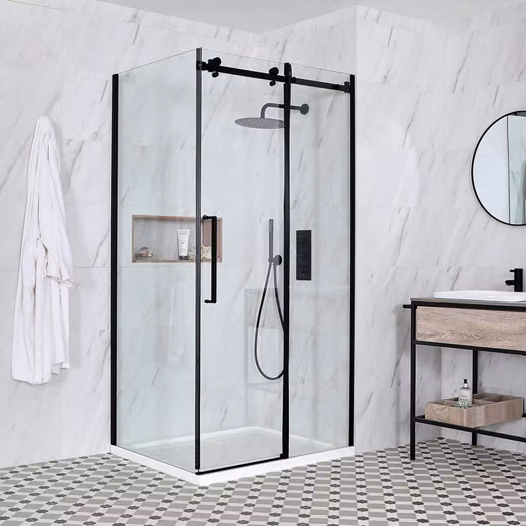 Box Doccia Angolare Nero con Porta Scorrevole Senza Telaio e Piatto Doccia - 1200 x 800mm - Nox