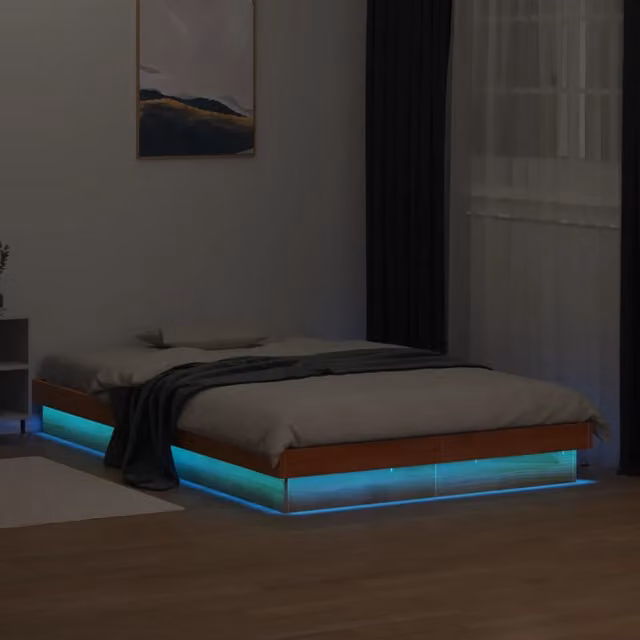 Letto Giroletto vidaXL in Legno Massello di Pino Marrone Cera con Illuminazione LED e Porta USB L/P: 140 x 190 cm