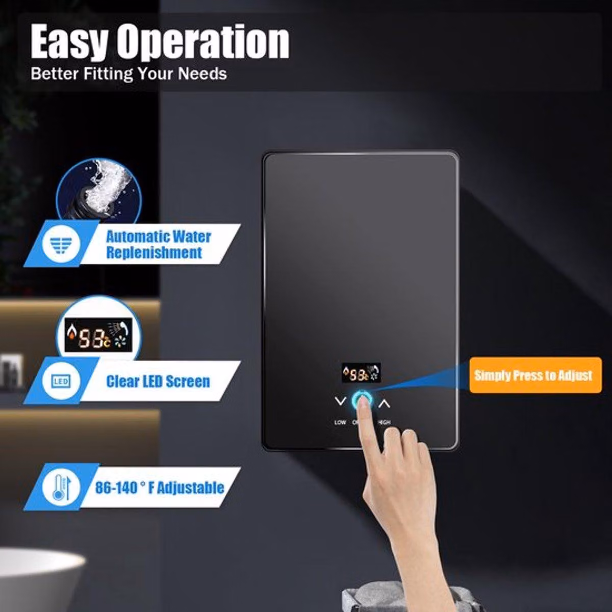 Scaldabagno elettrico a flusso continuo - 6500 W - Argento e nero - Montaggio a parete - Acciaio inossidabile - Adatto per cucina e bagno