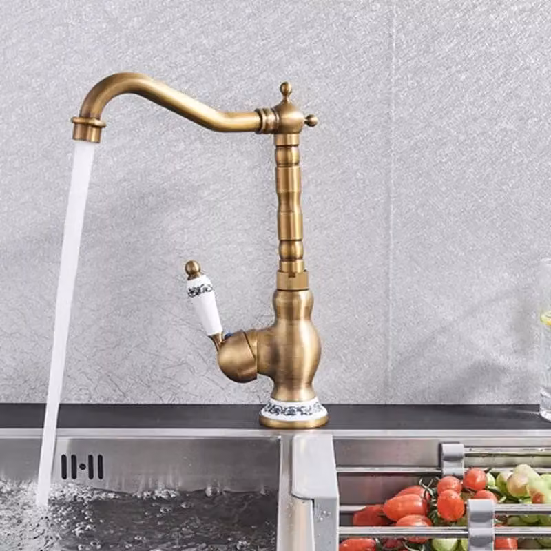 Rubinetteria da bagno - Rubinetto alto per lavabo - Ottone anticato - Monocomando, 1 foro - Orientabile a 360° - A risparmio idrico - Cartuccia in Vetroceramica - Giallo