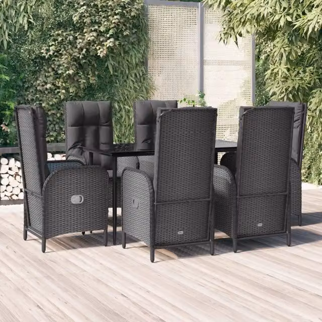 Set da Pranzo da Giardino Moderno VIDAXL in Polyrattan Nero con Cuscini e Tavolo in Vetro, 7 Pezzi – 1