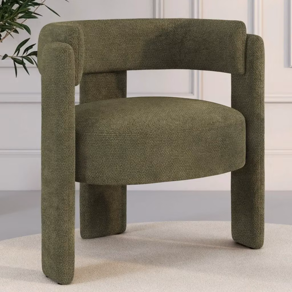 IDMarket Poltrona treppiede GUSTAVE in ciniglia verde con struttura in legno e braccioli – 2