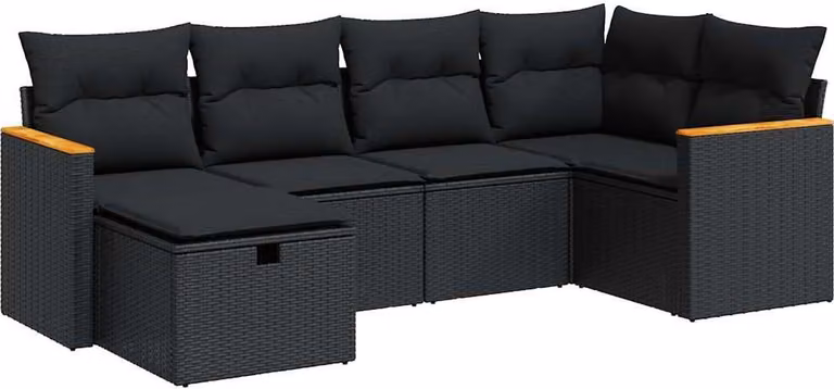 Set Divano da Giardino 6 pz con Cuscini Nero in Polyrattan
