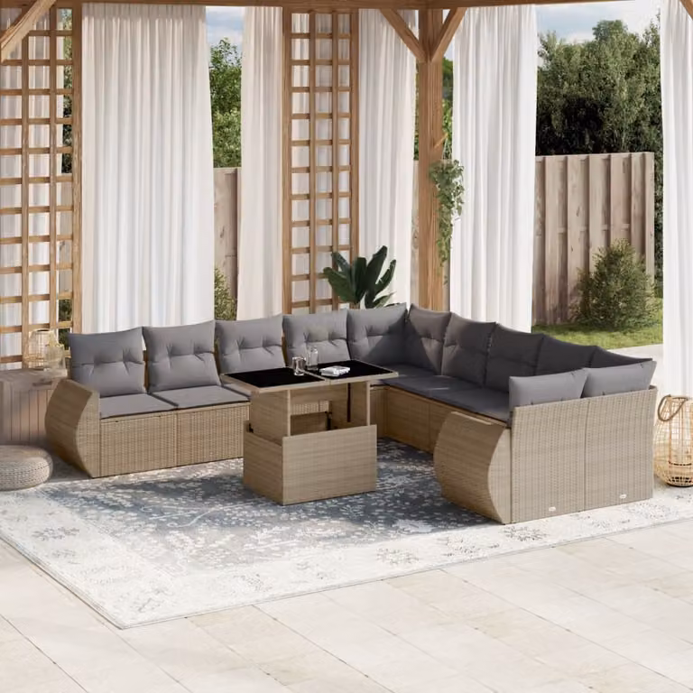 vidaXL Set Divani da Giardino 11 pz in Polyrattan con Cuscini Beige e Tavolino da Esterno
