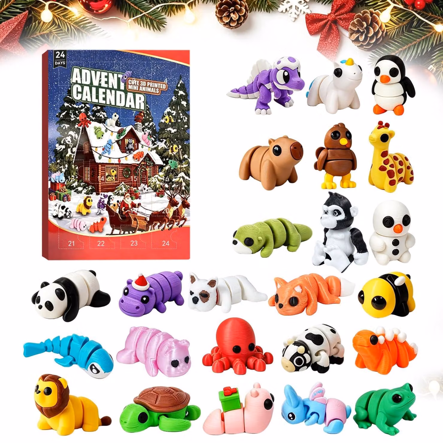 Calendario dell'Avvento da 24 pezzi, con figure di animali stampate in 3D, articolate